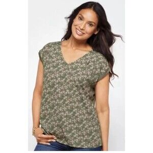 PAPERMOON Button Back Blouse  S V-Neck Sage Green Floral Daisy Print Top NWT B47